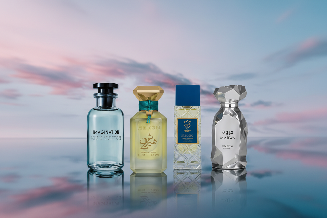 Four perfume bottles with different designs and colors on a reflective surface with a blurred background.